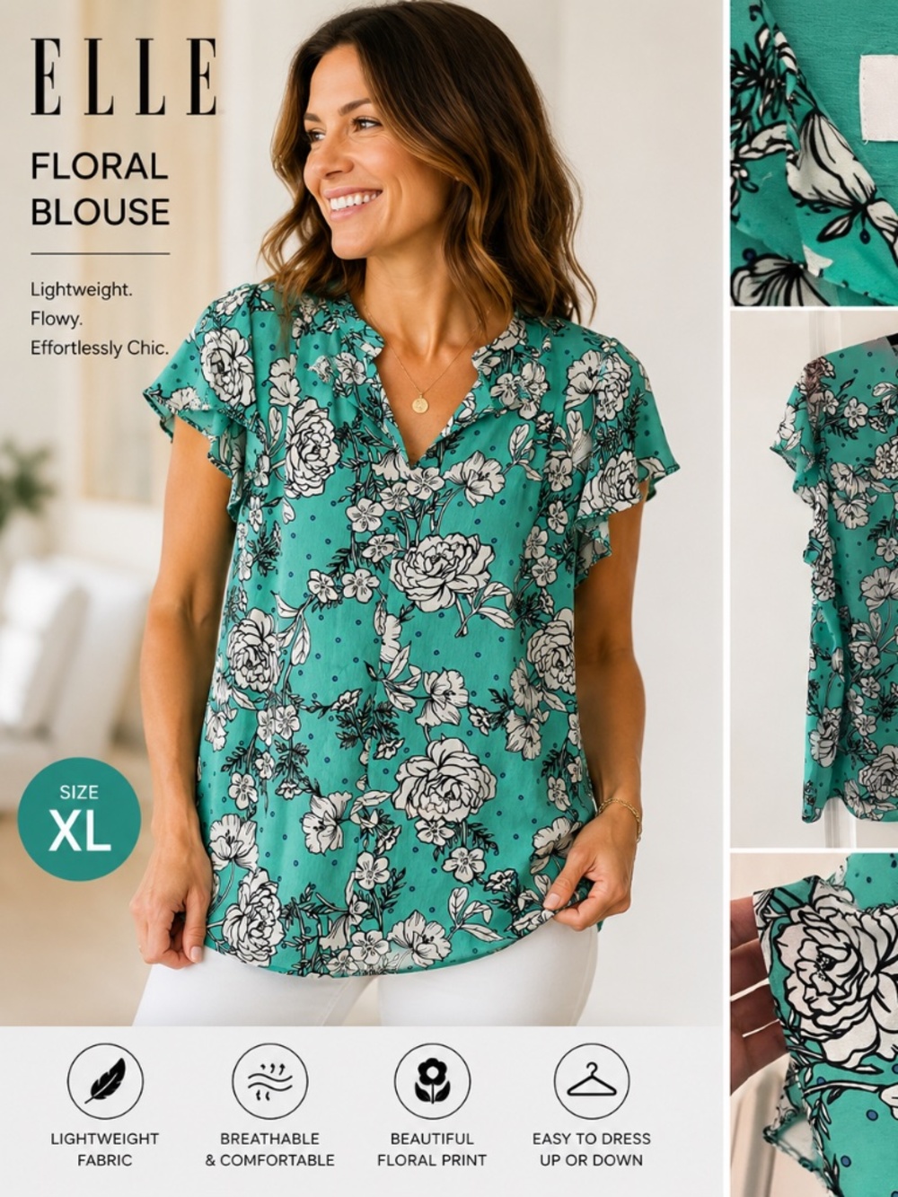 ELLE Aqua Floral Flutter Sleeve Blouse | XL | Lightweight Career & Casual Top